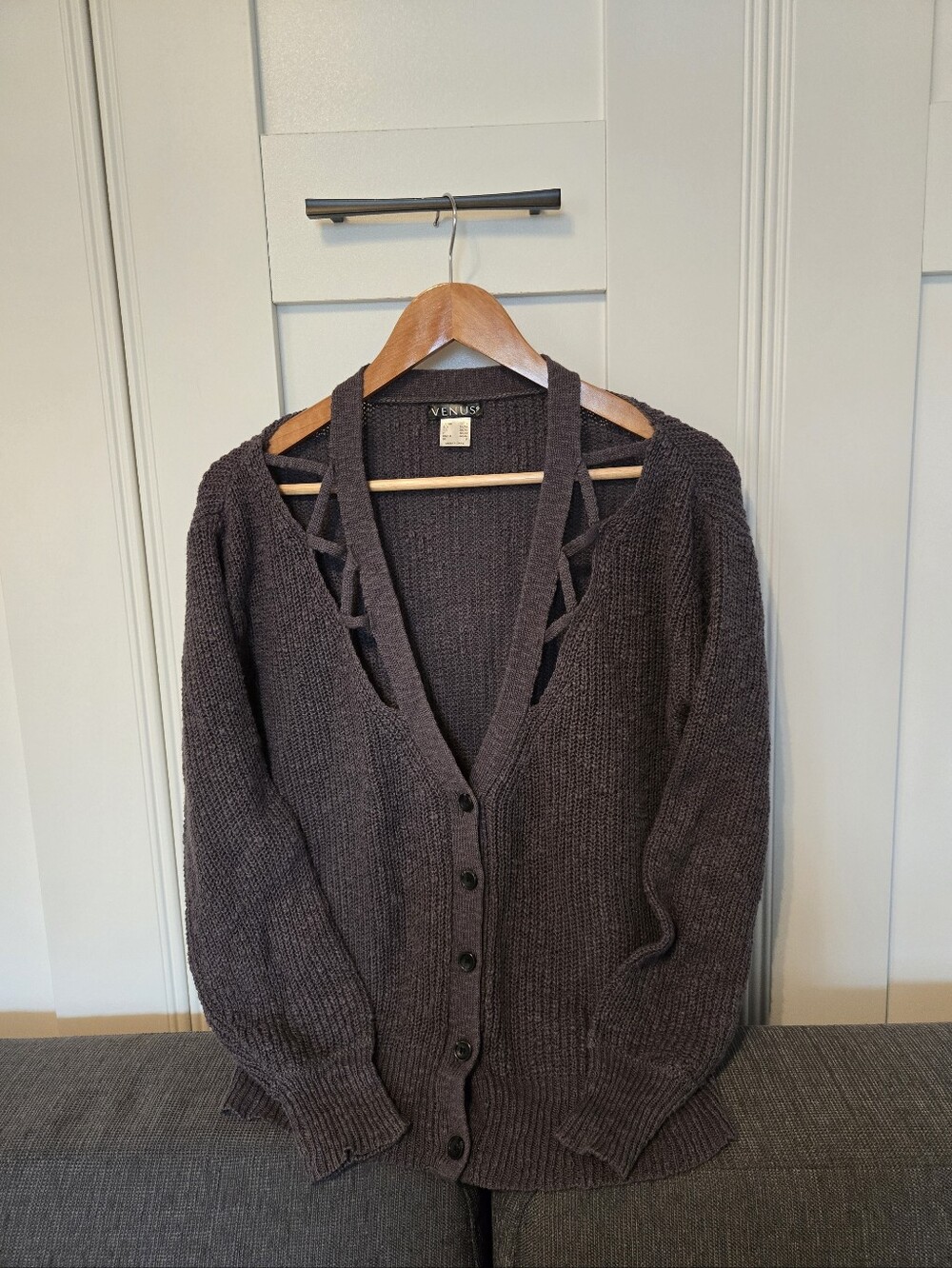 VENUS Charcoal Gray Strappy V-Neck Knit Cardigan